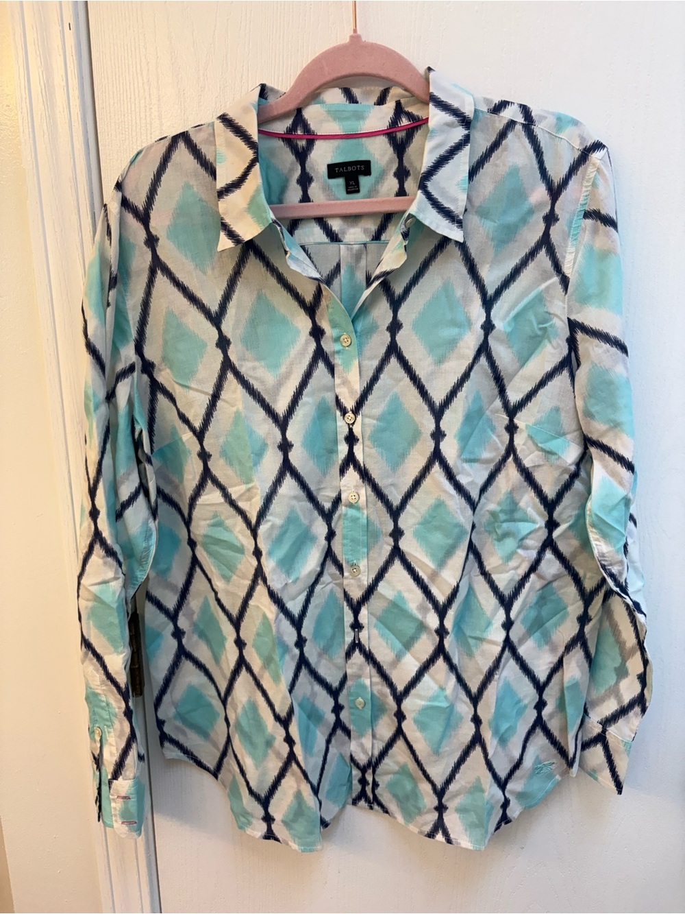 Talbots Teal, Navy & Cream Geometric Print Button-Up Shirt